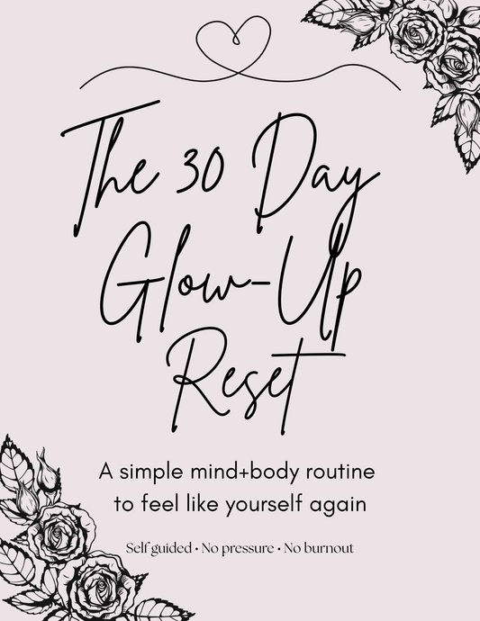Book cover of 'The 30 Day Glow-Up Reset' with floral designs on a light pink background.